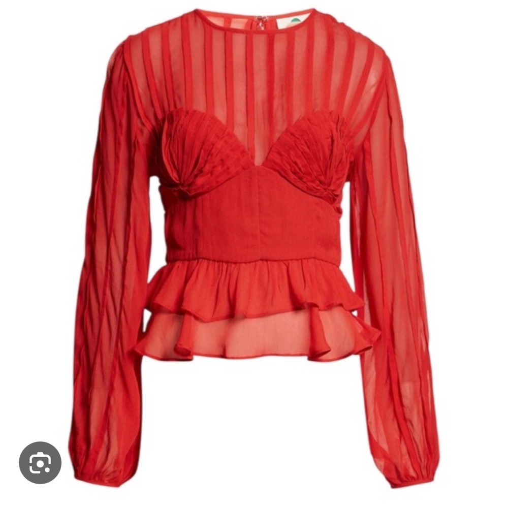 FARM Rio Red Sheer Ruffle Long-Sleeve Blouse